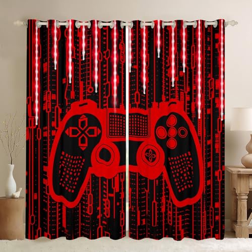 Feelyou Kids Boys Red Gamer Window Curtains Light 3D Gaming Darkening Drapes Gamer 30%-50% Blackout Curtains for Gamepad Window Treatments Modern Game (2 Panels, 38 x 45 Inch)