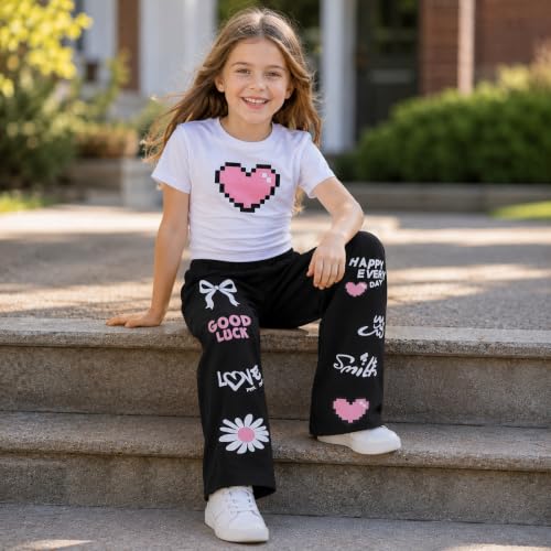 Image of Girls Clothes 2 Piece Cute Pixel Heart-Print Top Graffiti-Print Pants Sets | Trendy Y2K Inspired Outfit with Fitted Top and Wide Leg Bottoms, Casual Streetwear for Teens Girls 7-14Y