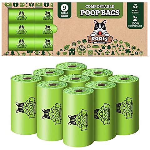 Pogi's Compostable Dog Poop Bags - 9 Rolls (135 Doggie Poop Bags) - Leak-Proof Dog Waste Bags, Plant-based ASTM D6400, EN 13432 Certified Extra Large Poop Bags for Dogs Cover