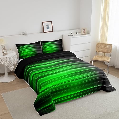 Image of Feelyou Ombre Gradient Lines Bedding Set King Size, Green and Grey Comforter Kids Toddler Geometric Abstract Ombre Comforter Set Stripes Duvet Set Kids Room Decor Microfiber Bed Set