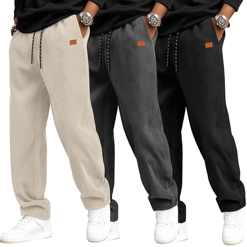 Neer 3 Pack Men's Corduroy Pants, Casual Drawstring Elastic Waist Straight Leg Loose Fit Baggy Sweatpants with Pockets