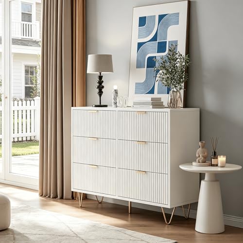 HYNHXBP Commode de Chambre a 6 Tiroirs Blanche Meuble de Rangement au Style Moderne Chic Buffet de Salon Large avec Pieds et Poignees en Metal Dore pour...