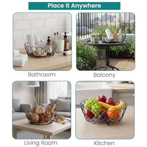 Image of Go Hooked Decorative Metal Wire Fruit Basket with Wooden Base for Home & Dining Table 10Inch | Open Wire Countertop Fruit Bowl for Vegetables, Snacks & Bread | Modern Home Decor Storage Basket (VM15D)