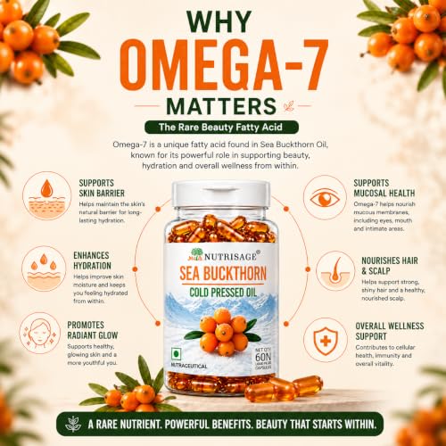 Image of Sea Buckthorn Oil Capsules 1200mg Daily Serving | Cold Pressed Himalayan Omega 7 Formula | Supports Skin Hydration, Glow, Hair & Whole Body Wellness | Omega 3 6 7 9 | 60 Capsules