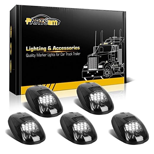 Partsam 5pcs 12LEDs Smoke/White Cab Roof Top Marker Running Lights 264146BK Replacement for Dodge Ram 2003-2018 (Smoked Lens/White Lights)