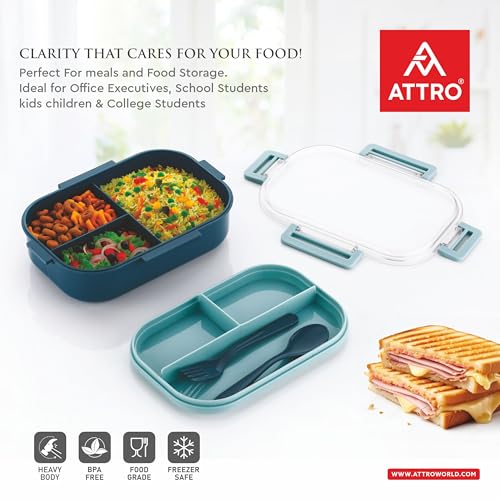 Image of ATTRO Carry Fresh Kids Plastic Lunch Box 3 Compartments & Fork, BPA-Free, Food-Grade, Ideal for School, Picnic, Travel & Outdoor Use- Blue, 500 ml