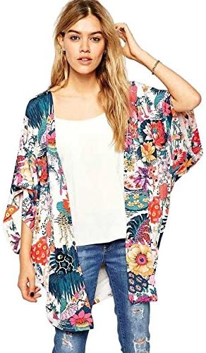 Sunward Flower Chiffon Shawl Kimono Cardigan Coats Jackets Cover up Blouse Tops (L, Multi-color)