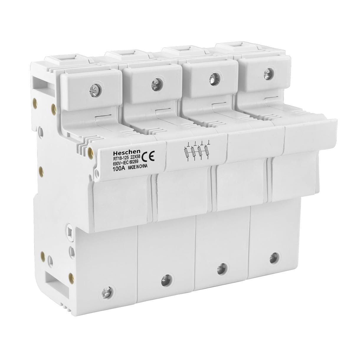 Heschen Cylindrical Fuse Holder Base, RT18-125(RO17), 100A AC690V, 4 Pole, 35mm DIN Rail Mounting, for RT18 RO17 22 x 58mm Fuse, CE Listed (4P)