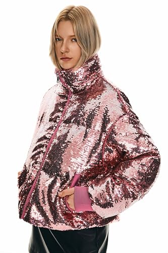 Orolay Women's Shiny Sequin Down Coat Stylish Glitter Jacket for Women Long Sleeve Trendy Outerwear with Stand Collar3