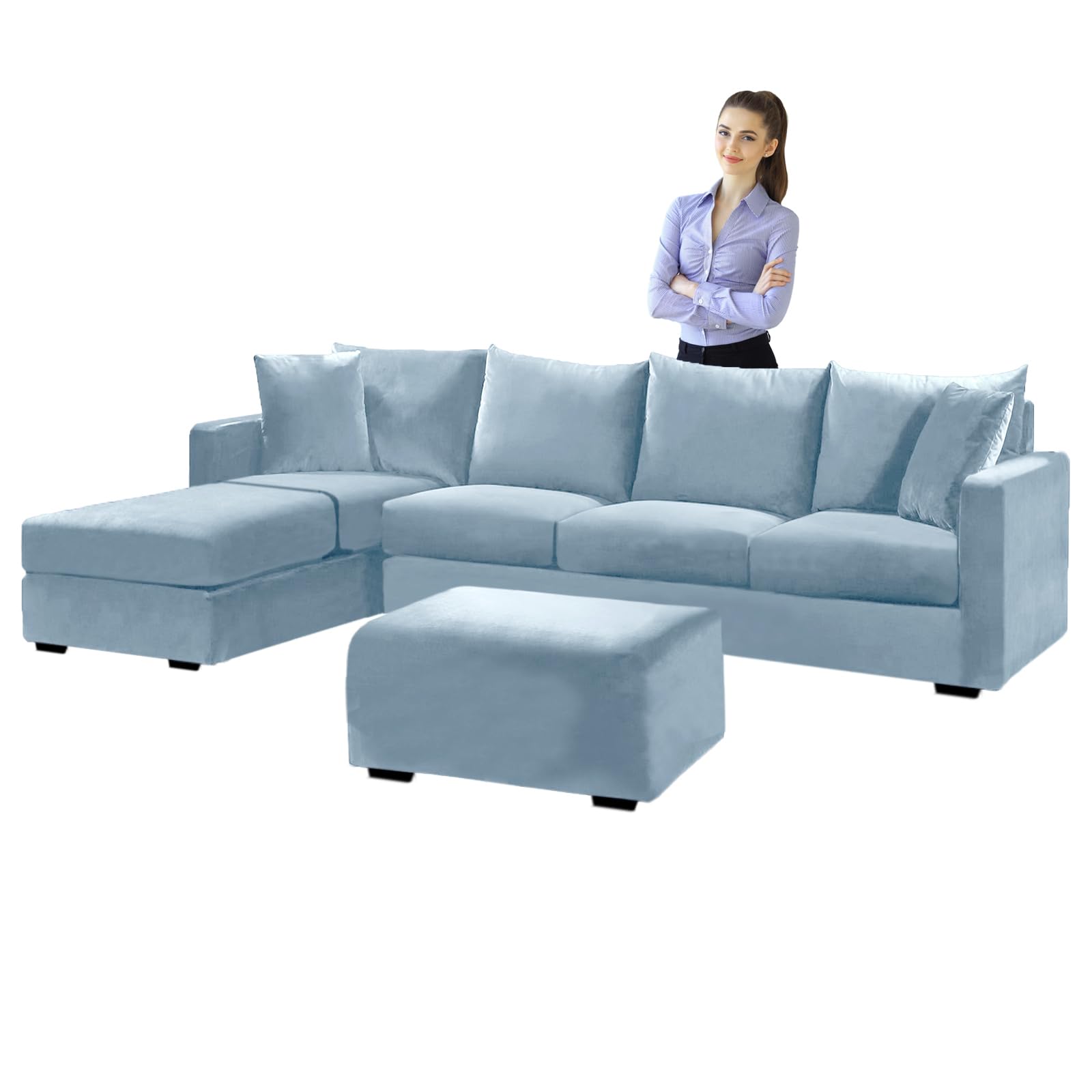 SYLC Velvet Sofa Covers L Shape, Stretch Corner Sofa Cover with Cushion Covers, Couch Cover Friheten Cover for U Sectional Sofa (Light blue,Sofa Cover 140-185cm)