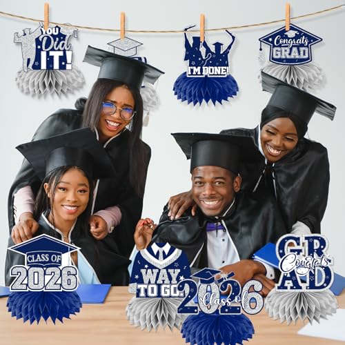 Image of 12pcs Graduation Table Decorations,Silver and Navy Blue Graduation Decorations 2026 Graduation Centerpieces for Tables,Class of 2026 Centerpieces Honeycomb for Congrats Grad Table Decor (Navy Blue)
