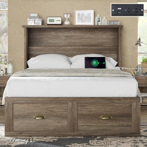Image of AMERLIFE Twin Size Murphy Bed, Farmhouse Wooden Cabinet with Charging Station and Storage Drawer for Bedroom /Office /Guest Room, Grey Oak
