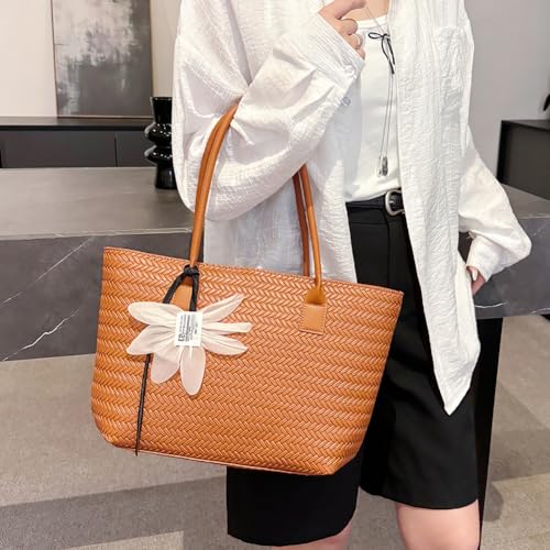 Women Casual Woven Tote Handbag with Pendant PU Leather Shoulder Bag (Brown)2