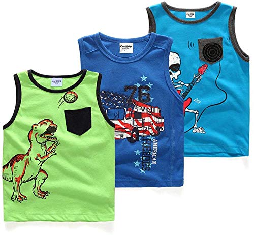 Coralup - Set di 3 canottiere per bambini e bambine, 100% cotone, con dinosauro e squalo, comode, traspiranti, colorate, 12 mesi-13 anni multicolore 2-3 Anni