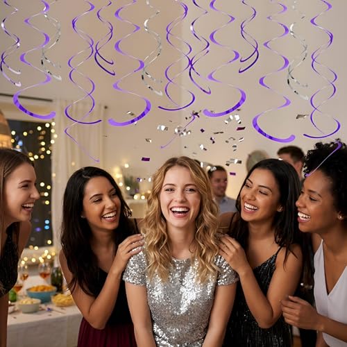 Image of Party Swirl Decorations Hot Pink Shinny Foil Hanging Swirl Decorations Plastic Streamer for Ceiling Plastic Streamer for Party Decorations Metallic Hanging Swirl Pack of 30 (Light Purple)