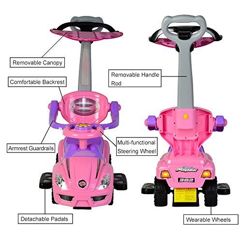 ChromeWheels 3 in 1 Ride on Toys Pushing Car with Removable Sun Visor,Mega Car for Toddler Wagon Handle Stroller,Color Pink - Thumbnail 4