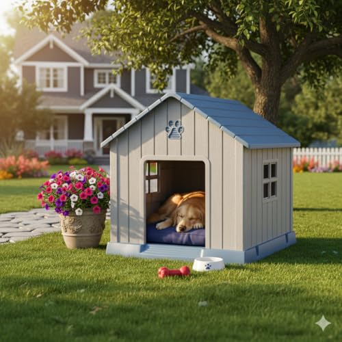 Image of Vizamoplast Paw Villa Medium Dog House | Premium PP Plastic Dog Kennel for Indoor & Outdoor Use | Weatherproof, UV Resistant, Water & Mildew Proof | Easy DIY Assembly | Ventilated | Easy Clean