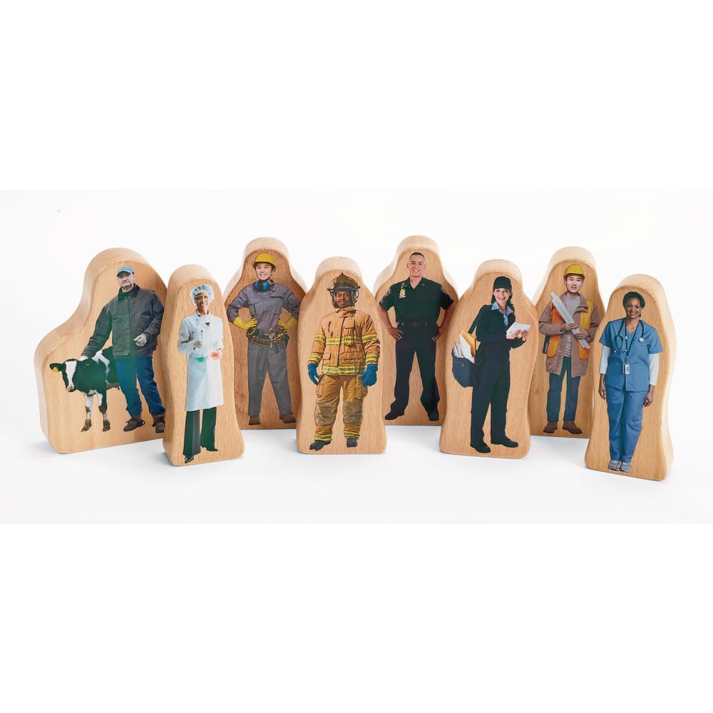 Discount School Supply Excellerations 3-1/4 inch Realistic Photo Wooden Chunky Career Block Play People, Figures, Set of 8, Social Emotional Learning, Preschool, Toddlers, Ages 2 Years and Up