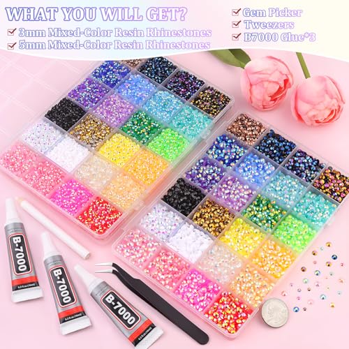 Image of 2 Boxes Jelly Rhinestones for Bedazzling, 38500Pcs 3mm&5mm Multicolor Flatback Resin Gems for Crafting, Bedazzler Kit with 3Pcs 10ml B7000 Jewelry Glue for DIY Crafts Tumblers Fabric Decor Nail Art