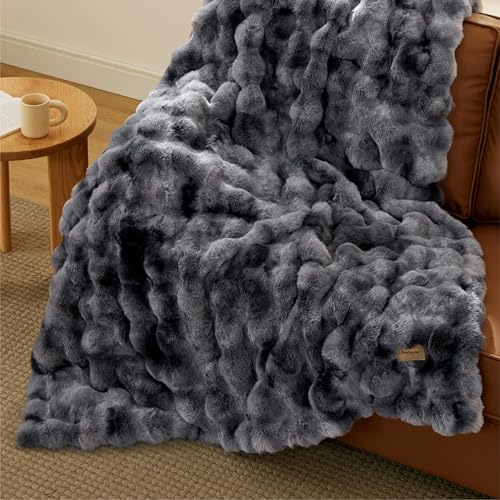 Bedsure GentleSoft Fluffy Fuzzy Tie-dye Grey Throw...