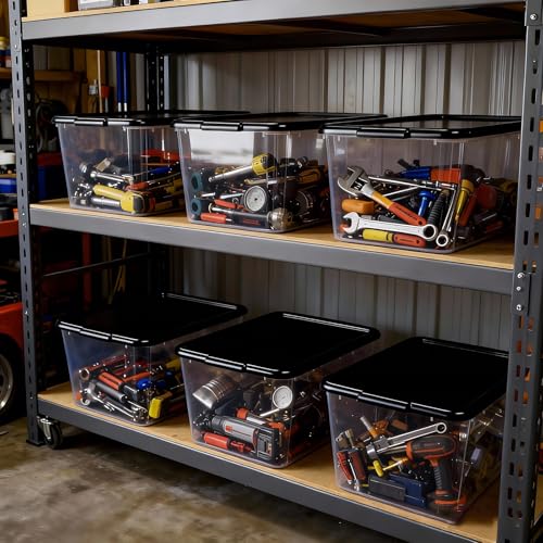 Image of SIMPLYKLEEN Storage Totes with Lids - Made in USA 14.5-Gallon (58-Quart) 4-Pack Clear Plastic Storage Bins with Black Lids Storage Containers Large Storage Boxes Organizer for Home, Office, and Garage