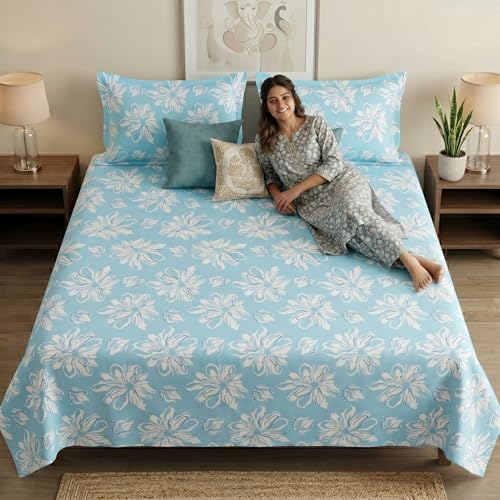 Image of Mafatlal 186 TC Metro Cotton Double Bedsheet | 90 x 100 Inch | Soft Breathable Fabric with 2 Pillow Covers | Lightweight Daily Use Bed Sheet | Arctic Blue