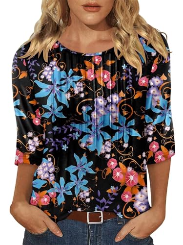 KISSMODA Tunic Tops for Women Loose Fit Dressy Round Neck Pleated 3/4 Length Sleeve Spring Tops
