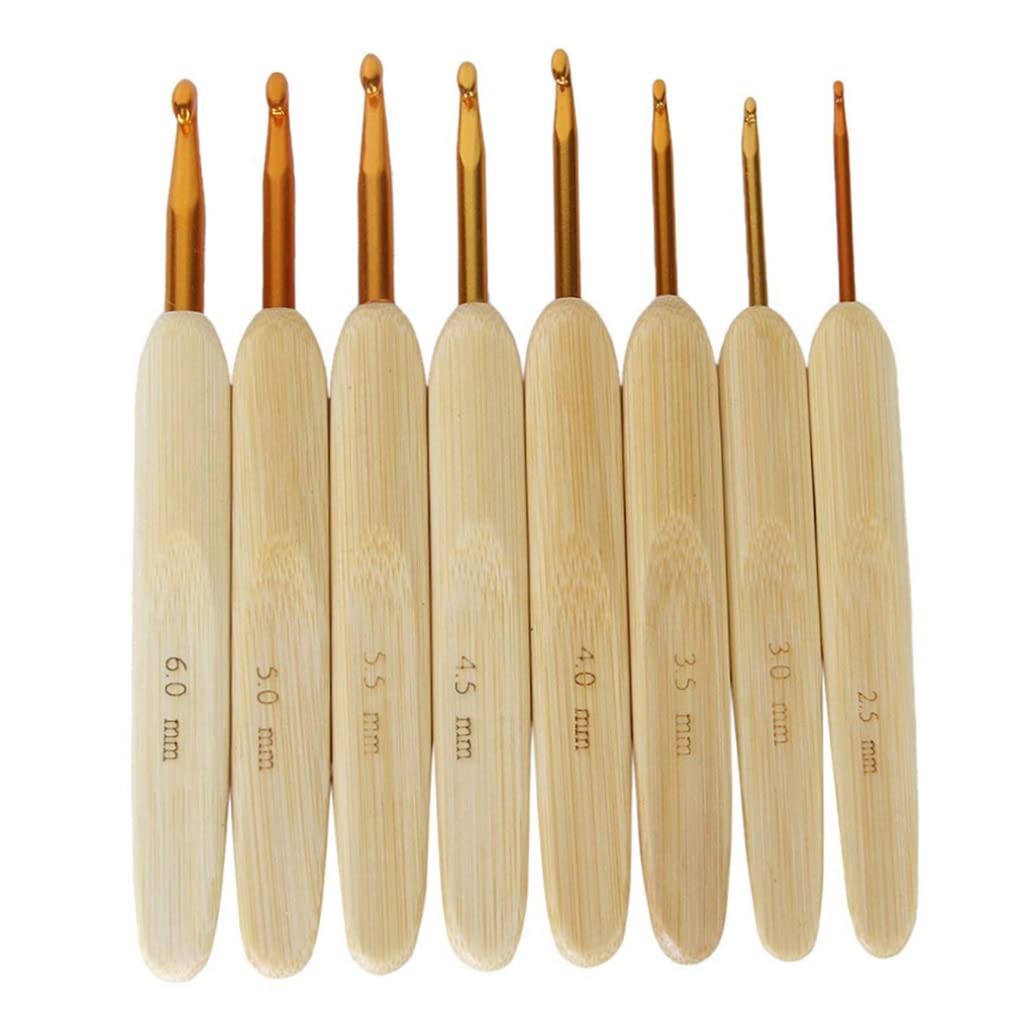 CAKEEYUM Crochet Hooks Set Premium Bamboo Handle Alumina Head Crochet Hooks Needles for Ergonomic Knitting Craft 2.5mm-6.0mm 8pcs Set, Golden, Bamboo, H