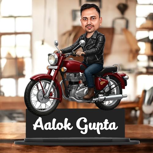 Image of Taxton Custom Bike Rider Caricature Personalized Wooden Bike Photo Frame for Men | 7.5 Inch Durable Double Wood Print with Acrylic Name Plate (Red)