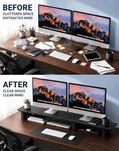 Image of Aothia 43 in Black Solid Wood Dual Monitor Stand, Monitor Riser for Desk | Dual Monitor Riser With Storage Below; Desk Shelf Organizer For Keyboards And Accessories