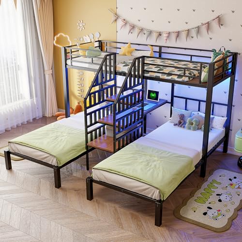 Sapgaks - Litera infantil 90 x 200 cm x 3 con LED, 2 puertos USB + 1 toma eléctrica, escritorio y estante, marco de cama infantil 90 x 200 con escala integrada, sin colchón (H-Negro)