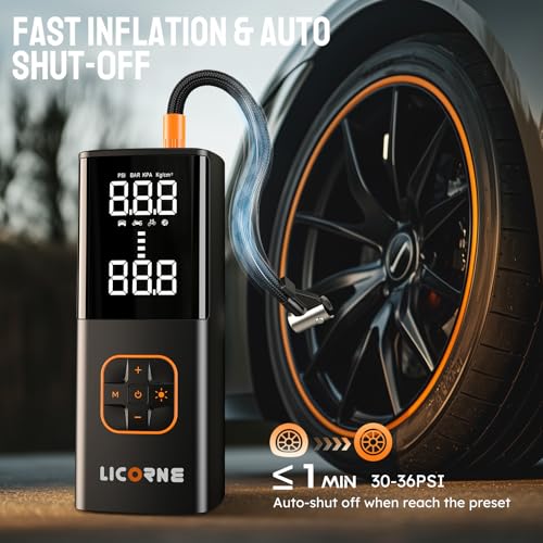 Image of LICORNE Tire Inflator Portable Air Compressor, 180PSI Cordless Digital | 5X faster, 7800mAh battery, digital gauge, auto shut-off, 4 modes for car /bike /motorcycle /ball, USB-C power bank, LED light