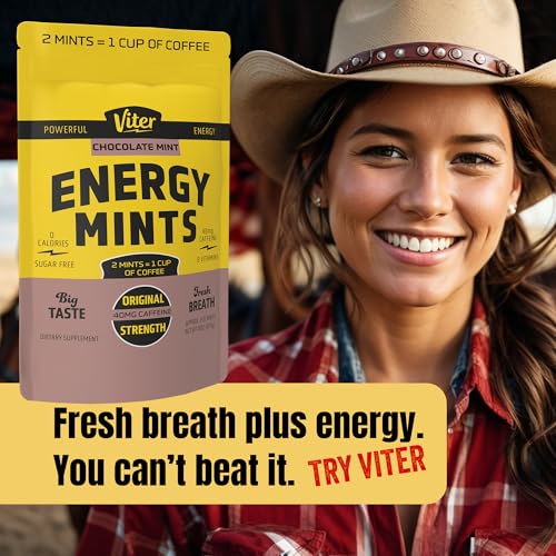 Image of Viter Energy 40mg Caffeine Mints - Sugar Free, B Vitamins, Vegan, Boosts Fast Energized Alert Focus, Caffeinated Nootropic Supplement Pills (Chocolate Mint Flavor, 8oz, Bulk Bag)