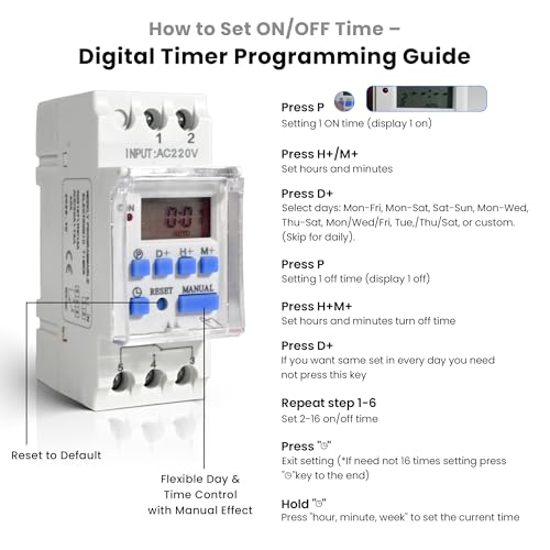Image of Programmable Digital Timer Switch 30A | Daily & Weekly Time Relay Controller | DIN Rail Mount | LCD Display Automatic ON Off Timer | 30A / 240V AC Includes Battery Backup