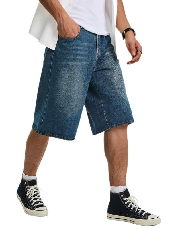 JMIERR Herren Jeans Shorts Sail Blau Baggy Y2K Denim Kurze Jeanshose Loose Fit Jogginghose Männer Raw Jeanspants S