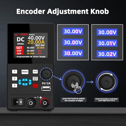 Image of BSIDE 40V 20A DC Power Supply Variable, Programmable with Encoder Knob, Adjustable Switching Regulated Bench Power Supply, 4-Digits LED Display with Memory Storage, 5V /2A USB Ports and Output Button