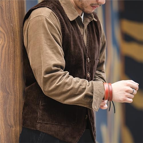 Men's Vintage Corduroy Sleeveless Vest, Casual V-Neck Dress Vest Waistcoat Button Belt Back with Pockets3