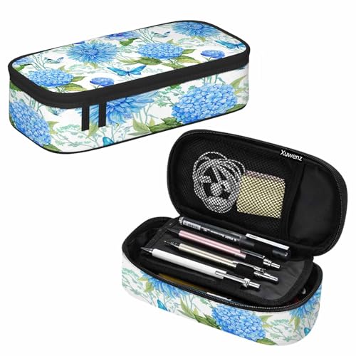 Image of Blue Flower Pencil Holder Bag Hydrangea Butterflies Floral Green Leaves Pencil Case College Office School for Teens Boy Girl