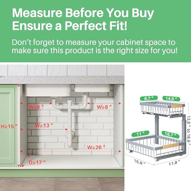 Pull out Cabinet Organizer, 1 Pack Under Sink Organizer, Slide out Metal Kitchen Cabinet Organizers Drawer Shelf, Sliding Storage Shelves for Kitchen Bathroom Pantry Closet Organization Rack(Grey)