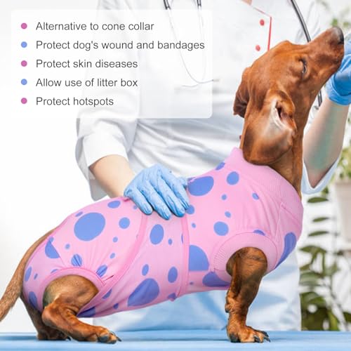 Image of Kuoser Dog Surgery Suit, Soft Dog Spay Recovery Suit Female, Anti Licking Neuter Recovery Suit for Male Dogs, Post-Op Pet Surgical Suit Protective Wear E-Collar & Cone Alternative,Pink Polka Dots L