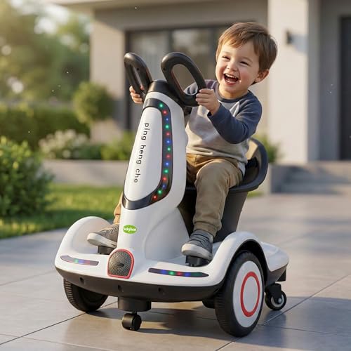 Baybee Kids Electric Balance Car Scooter with 360 Rotation Wheels | LED Lights Music System Remote Control Safety Belt Anti-Slip Tires | Indoor Ride On Toy for Boys & Girls 3+ Years (White)