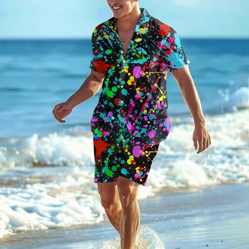 80s 90s Men's Hawaiian Outfits 2 Piece Shirt and Shorts Sets Button Down Beach Suits Disco Party4