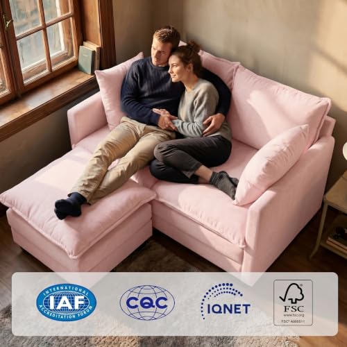 Image of KYJ Cloud Loveseat Sofa Couch with Ottoman 3 Layer Cushion for Small Spaces | 50 inch Chenille Small Sofa, 27 inch Deep Seat, 2 Washable Pillow, in a Box for Bedroom & Living room, Singles, Couple & Kid, Pink