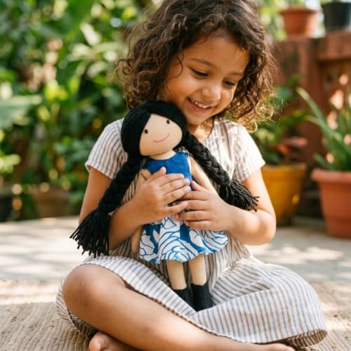Image of Handcrafted Indian Rag Doll Set, Stitch Soft Toy Doll for Kids, Soft Cotton Fabric Yarn Cloth Doll, Traditional South Indian Soft Toys for Kids Room Decor (Blue, Floral)