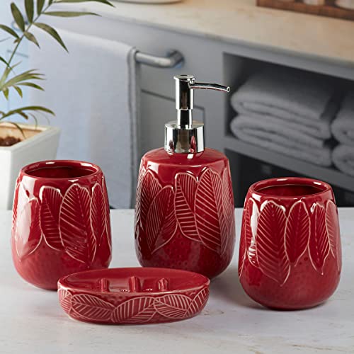 Image of SaSaSa Ceramic Bathroom Accessories Set of 4 Modern Bath Set with Soap Dispenser & Toothbrush Holder, Luxury Home & Gift Idea, Red (9886)