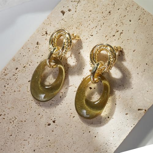 CW 18K gold-plated green large dangle earrings,retro vacation style exquisite flowing sand gold earrings for women trendy.2