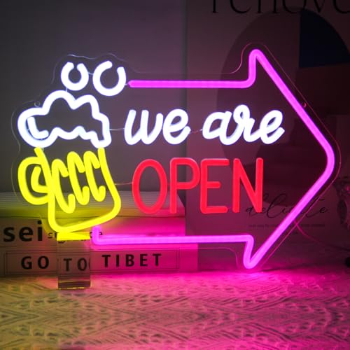 Image of We Are Open Neon Sign with Arrow Beer Neon Light for Bar Restaurant Decor | Dimmable Bar LED Signs for Wall Decor, Business Open Sign, Acrylic Neon Wall Light, USB Powered, Pub Tavern Hotel Shop Decor