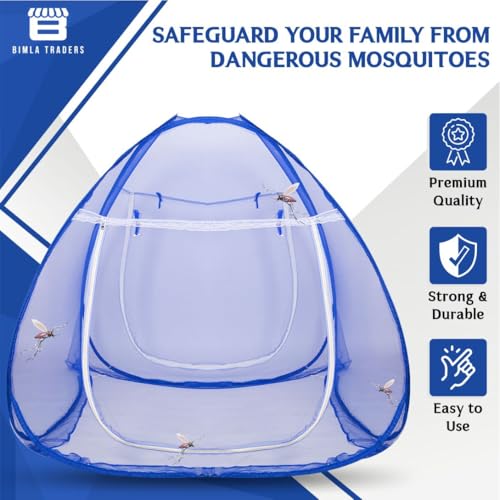 Image of Btag 100% Polyester Foldable Mosquito Net - Premium Durable Insect Protection with Strong Frame, Easy Setup & Portable Storage Bag - Ideal for Home, Travel, Outdoor Use.|Clr Net | Queen| Blue