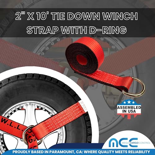 Image of Mega Cargo Control 4 Pack D Ring Towing Straps, Red Replacement Auto Hauling Tie Downs for Tow Trucks, ATV, UTV, Trailers