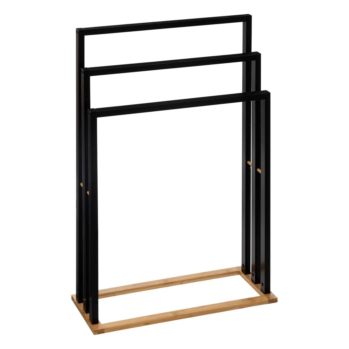 Handdoekhouder met 2 stangen, zwart metaal, L40,5 x H89 x D26 cm, BENOSI